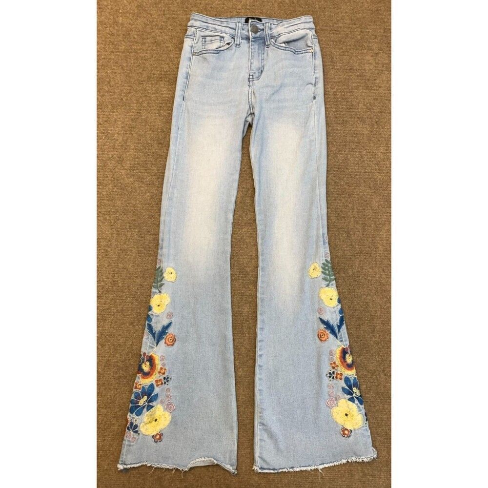 Simple Society Jeans Womens 00/23 Flare Embroidered Floral Festival Boho Stretch